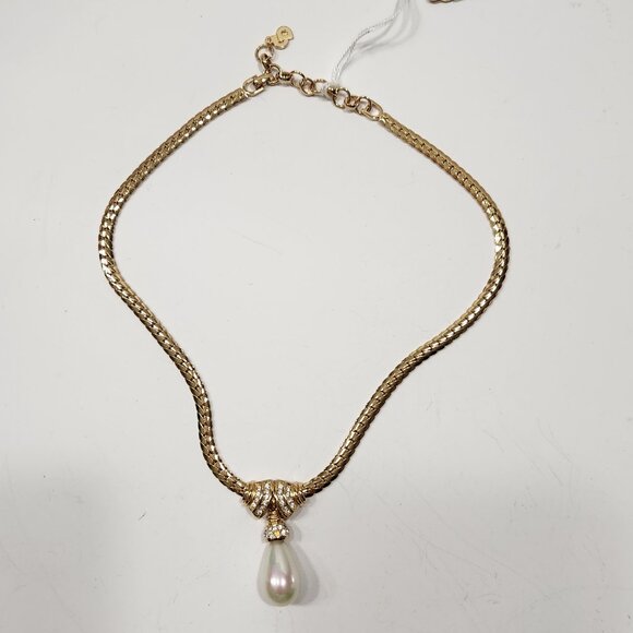 NWT Rare Vintage Christian Dior Gold Tone Faux Pearl/Rhinestone Choker 17" - Picture 3 of 8